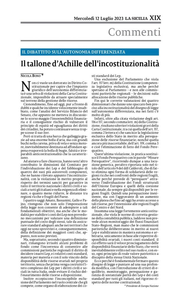 Il Tallone d'Achielle dell'Autonomia Differenziata è l'incostituzionalità