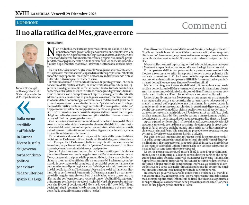 Il No alla ratifica del MES è stato un grave errore