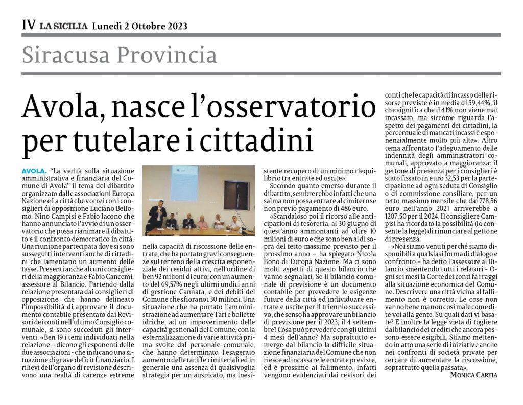 Europa NazioneNasce ad Avola l'Osservatorio Cittadino